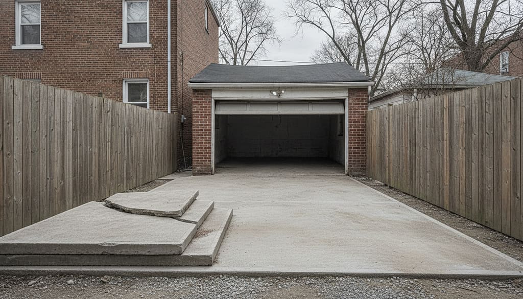 Rear yard with a broken-out concrete patio stacked to one side and a detached garage behind