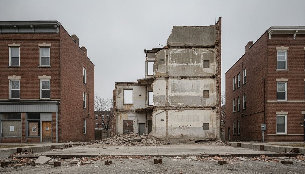 Part-demolished low-rise brick structure with an exposed party wall, neighbours intact