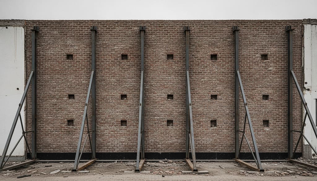 Raking steel shores braced against an exposed brick party wall, joist pockets visible