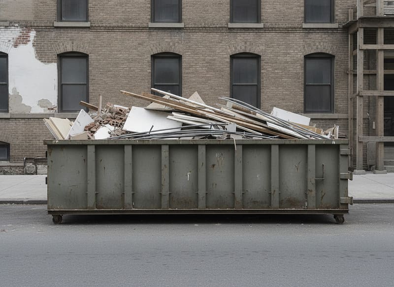 Open-top container on a street filled with mixed debris, broken plasterboard, timber and brick