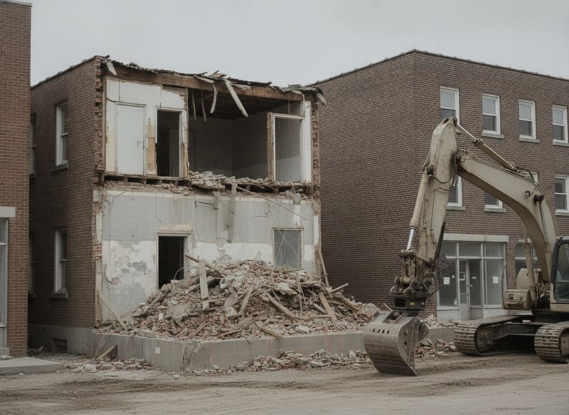 Small brick building part-demolished, floor joists visible in section, excavator alongside
