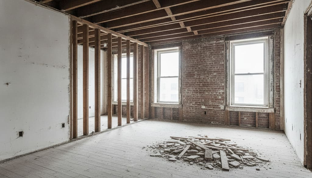 Gutted apartment mid strip-out, walls back to bare studs and ceiling opened to joists