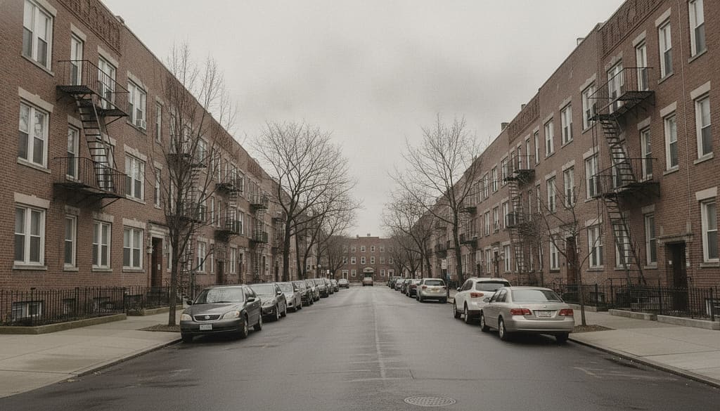 Quiet street of pre-war brick apartment buildings with fire escapes, overcast sky