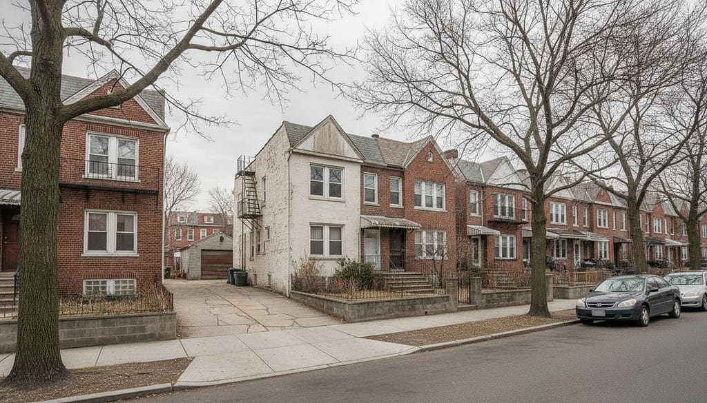 North Bronx street of semi-detached brick houses with short concrete driveways and a detached garage