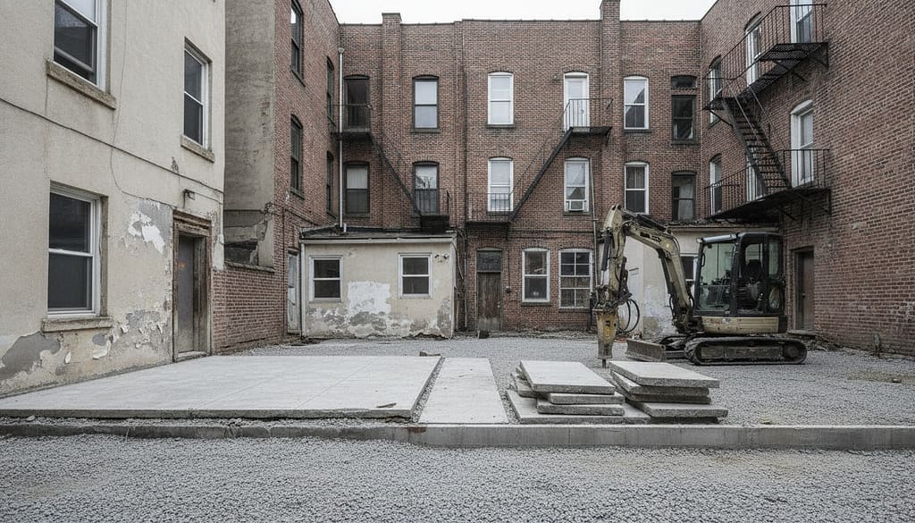 Rear yard with a concrete patio broken out, slab sections stacked and sub-base graded