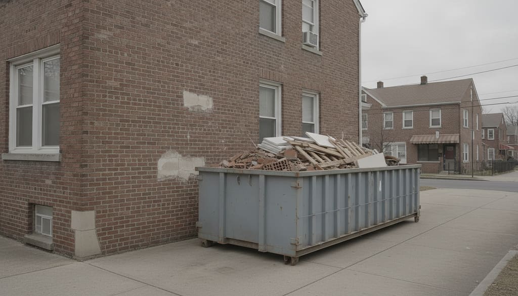 Roll-off container beside a brick two-family house, part filled with sorted plasterboard and timber