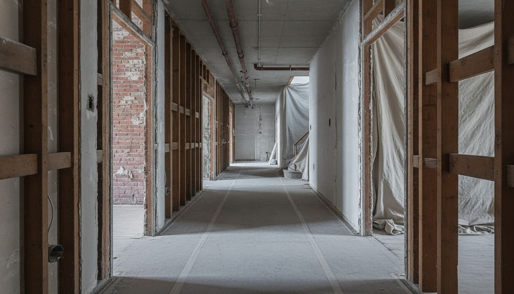 Corridor in a pre-war apartment building mid gut-out, walls back to studs