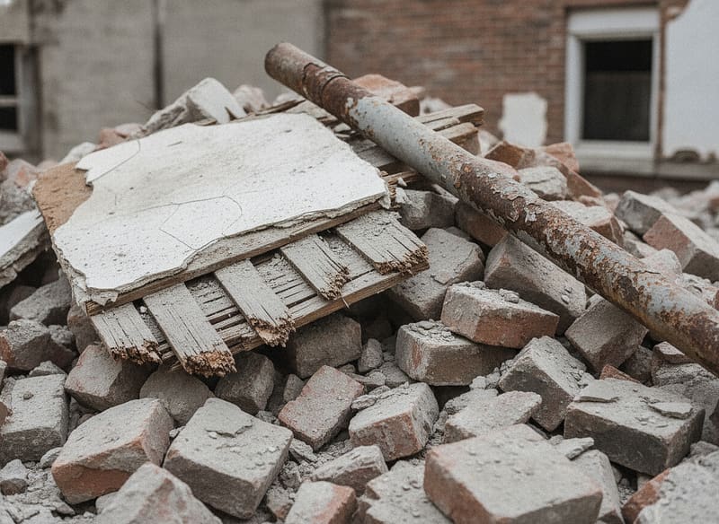 Close view of demolition arisings: fractured plaster, exposed lath and broken brick